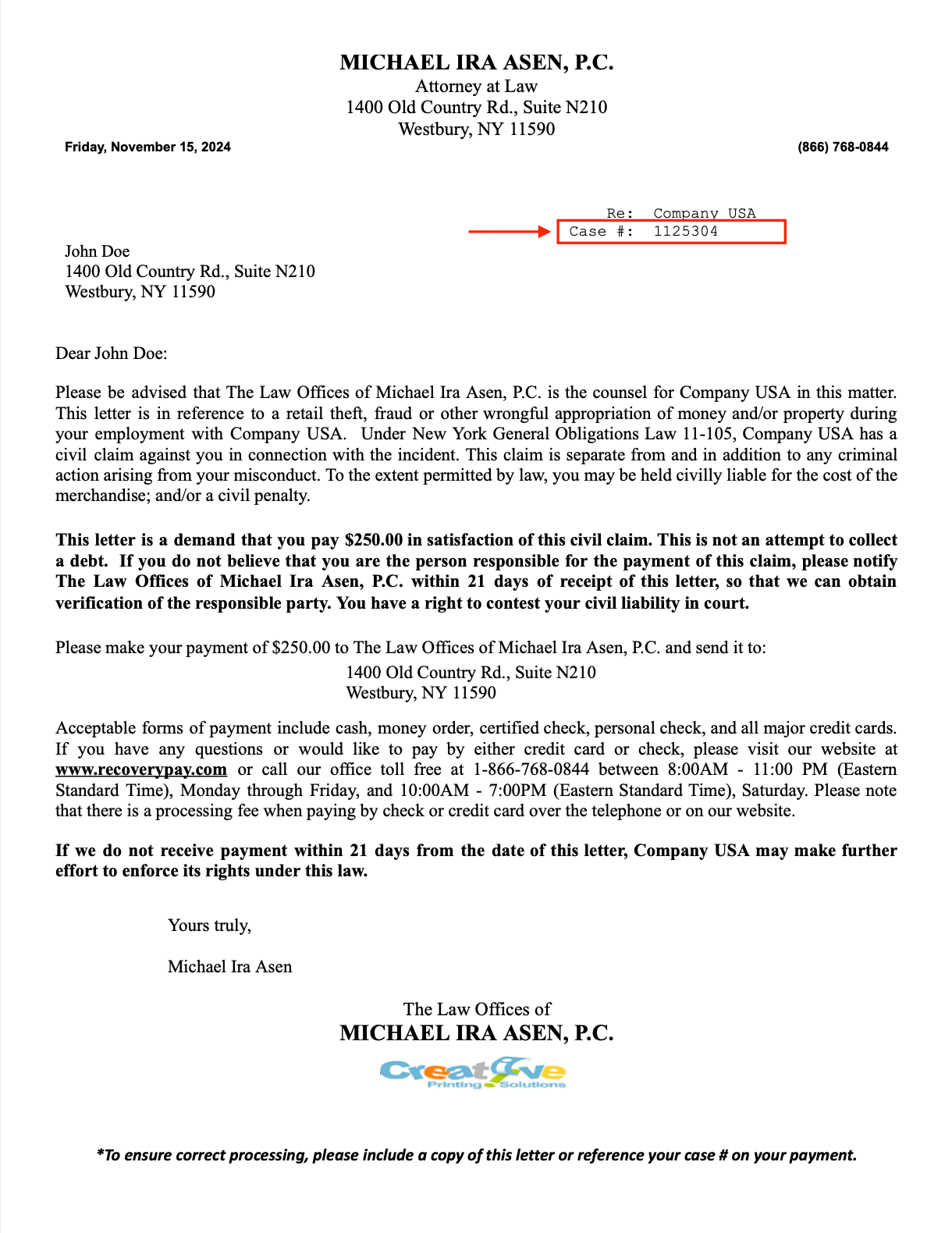 Sample letter
